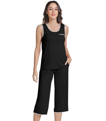 Image of NACHILA Women's Pajamas Set-Viscose Made From Bamboo, Sleeveless Pj Tank Top Capri Pants Soft Sleepwear Cooling Sleep Sets