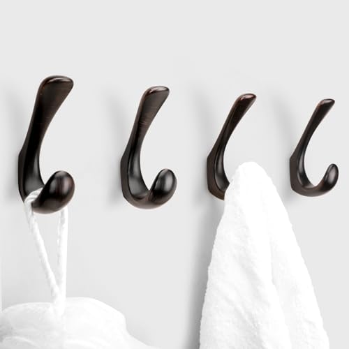 Metaliby 4 Pack Towel Hooks for Bathrooms Wall Mounted Oil Rubbed Bronze Bathroom Hooks for Towels Robe & Towel Hook for Wall Modern Bath Towel Hook