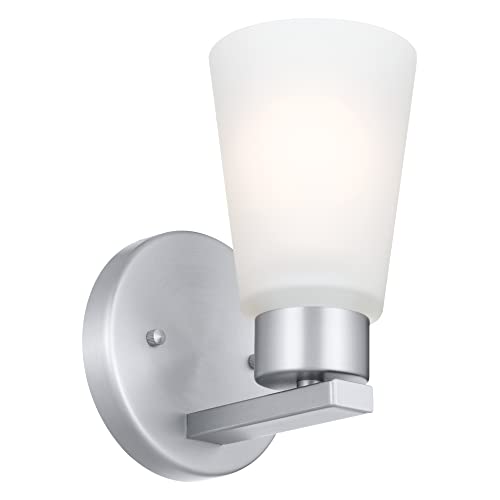 Image of Kichler Stamos Wall Sconce 1-Light with Satin Etched Glass, Modern Bathroom or Hallway Light in Brushed Nickel, (8 inch H x 5 inch W x 6 inch D)