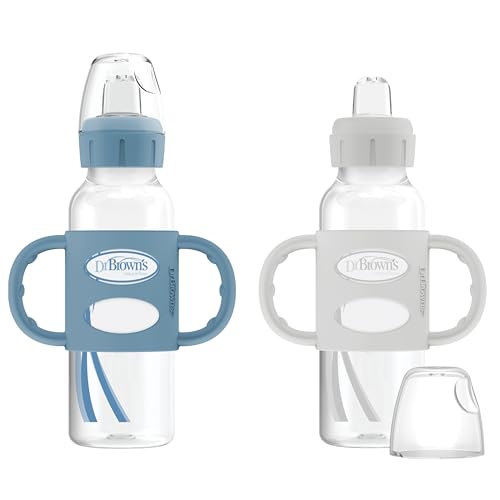 Dr. Browns Milestones Narrow Sippy Spout Bottle with 100% Silicone Easy-Grip Handles and Soft Sippy Spout 8oz/250mL Light-Blue and Gray 2-Pack 6m+