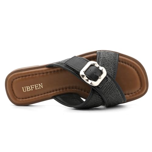 Image of UBFEN Womens Square Toe Flat Sandals Slides Dressy Comfortable for Beach