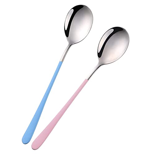 Image of YANCI Silverware Set, Stainless Steel Korean Silver Plated Round Head Soup Spoon, Table Spoon with 8.11 inch Long Handle Coffee Ice Cream Dessert Dinner Spoons Scoop (Random Color, 2 Pieces)
