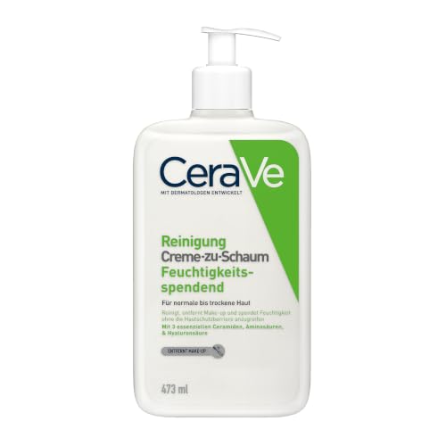 CeraVe Creme-zu-Schaum Reinigung Feuchtigkeitsspendende Reinigungscreme Für normale bis trockene Haut Entfernt Schmutz und Make-up Mit Hyaluron und Ceramiden 473 ml
