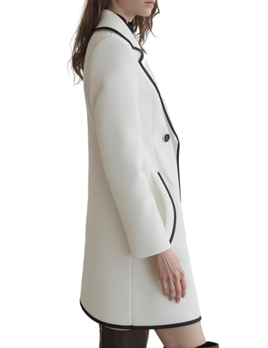 White Double-Breasted Coat for Women with Black Trim, Chic Long Blazer Jacket, Loose Fit Outerwear for fall, Winter3