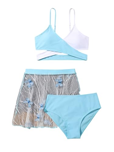 SHENHE Girl's 3 Piece Swimsuit Criss Cross Color Block Bikini Set with Mesh Cover Up Skirt