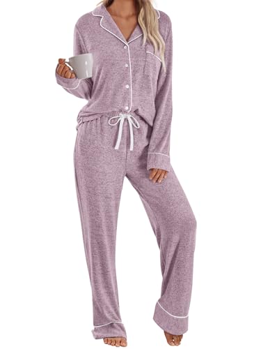 LILLUSORY Womens Pajamas Sets Long Sleeve Lounge Warm Sleepwear 2 pieces Fall Clothes With Pockets Pink L