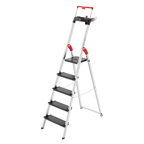 Hailo Topline L100 - Escalera de tijera de aluminio de seguridad, 5 peldaños XXL de hasta 150 kg, con barra de sujeción extensible, bloqueo de plataforma, muchos accesorios, escalera de aluminio