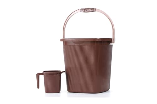 Image of Strong Plastic Bucket Mug Bathroom Set of 2 for Kitchen & Bathroom (25L Bucket,1.5L Mug) (Dark Brown)