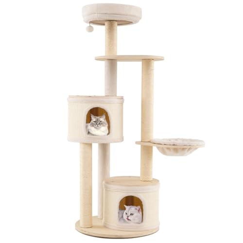 Árbol de gato 58 x 152 cm con 2 condominios extraíbles y hamaca Cosy de madera natural y sisal 20_0010106