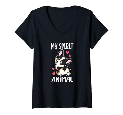 Damen Girls Womens Kawaii Spirit Animal Black Tricolor Corgi Lover T-Shirt mit V-Ausschnitt