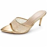 Raymelo Rhinestone Heeled Sandals for Women, Breathable Mesh Mule Heels, Slip On Stiletto Design, Dress Shoes for Parties, Weddings and Daily Wear (Gold)