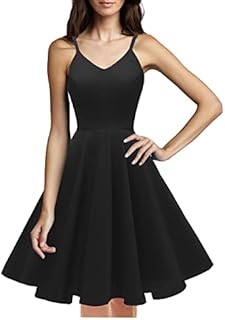 GOOBGS Women's 1950s Retro Vintage Spaghetti Strap Cocktail Swing Dresses with Pockets Black M