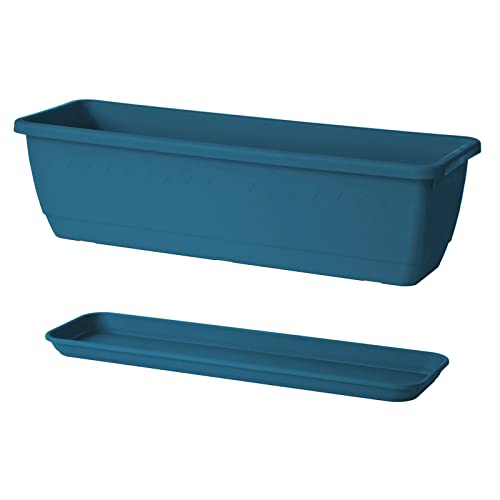 Euro3plast Inis Blumenkasten mit Untersetzer 50 cm lang aus Kunststoff in Petrol-Blau