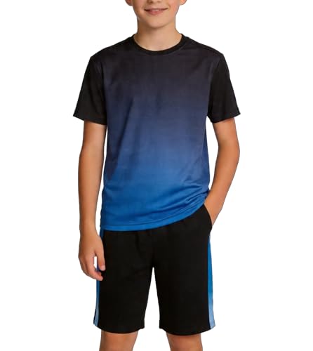 IRELIA Kids Short Sleeve T-Shirt and Boys Mesh Shorts Outfit Set Black Blue 5-6 - image 1