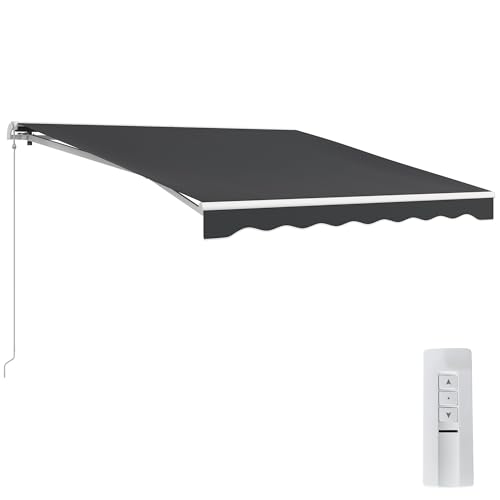 Outsunny 10 x 8 Electric Awning Retractable Awning UV Protection Sun Shade Shelter with Remote Controller and Manual Crank Handle for Deck Balcony Yard Dark Gray