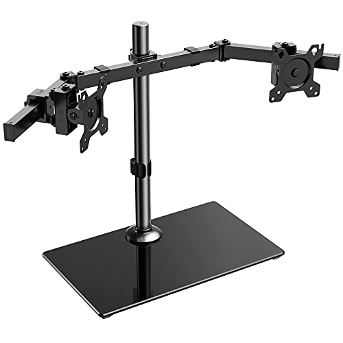50% Off Discount Perlegear Dual Monitor Stand, Freestanding Desk Mount with Glass Base Fit 17-32 inch Flat Curved Screen with Swivel, Tilt, Height Adjustable, Rotation, Each Arm Holds up to 26 lbs