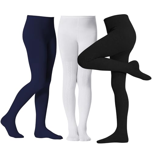 Image of Zando 3Pack Girls Tights Kids Cable Knit Cotton Winter Warm Leggings 4-12T | Footed Seamless Stockings for Girls, School Uniform and Daily Skirt Wear. Thick Warm Fabric with High Stretch