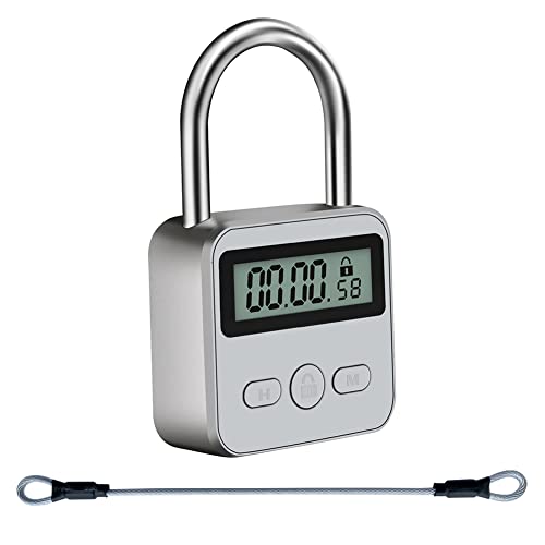 Metal Timer Lock, LCD Display Multi-Function Electronic Time, 99 Hours Max Timing, USB Rechargeable Timer Padlock(Silver)
