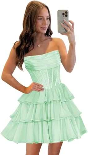 Strapless Homecoming Dresses for Teens 2025 Tiered Chiffon Corset Short Prom Formal Dress