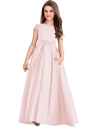 Ball-Gown Princess Scoop Long Lace Satin Junior Bridesmaid Dress Flower Girl Dress for Wedding Guest Dresses