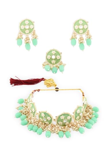 Juego de joyas Meenakari chapado en oro con piedras verdes y blancas DMZ-2369