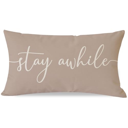 PANDICORN Modern Farmhouse Pillow Covers 12x20 with Words Stay Awhile Cozy Relax Pillow Cover Sayings Beige Rustic Outdoor Decorations Lumbar Throw Pillows Case for Home Guest Room Couch Porch Decor