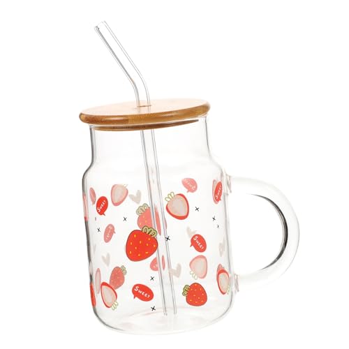 KOCKSHION 草莓牛?杯 ガラスカップ 木蓋付き ストロー対応 耐熱冷対応 ジュース容器 コールドドリンク用 おしゃれ飲料カップ