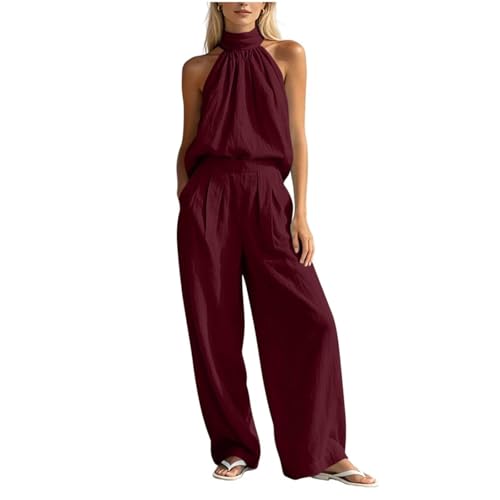 Conjunto de 2 piezas para mujer con pantalones de pierna ancha y top halter