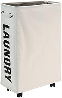 Lifesela Slim Rolling Laundry Basket, 22 Laundry Hamper with Wheels, Collapsible Dirty Clothes Hamper with Drawstring Mesh Cover, Corner Clothes Hamper Laundry Bin with Handle (Beige)
