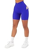 SUUKSESS Women Cross Waist Workout Shorts with Pockets Ribbed High Waisted Booty Biker Shorts (#1 Royal Blue, L)