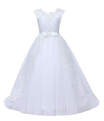 Flower Girl Dresses for Wedding Tulle Lace Appliques Pageant Ball Gown V Back Girls First Communion Dresses with Bow