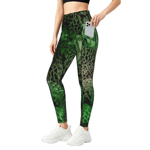 Pantalones de yoga elásticos con estampado de serpiente verde y bolsillos