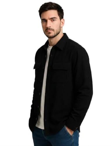 Image of DEELMO Men's Full Sleeve Corduroy Shirt | Stylish Textured Casual Button-Down Shacket for Autumn Winter | Dual Pocket Front Design | Ideal for Layering and Daily Outfits