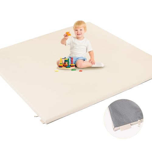 PIIKAGO Padded Baby Play Mat, Super Soft Vegan Leather Floor Mat for Baby Girls and Boys, 48x48 Non-Slip Thick Foam Cushioned Play Mat for Babies 6-12 Months, Fits Nicely Into 50x50 Playpen Mat, Beige