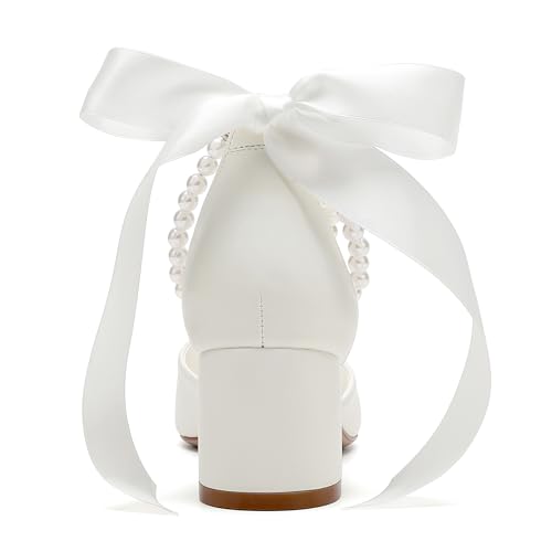 Women's Block Heels Wedding Shoes,Pearl Satin Pumps Heel for Women,Low Chunky Sandals Ankle Strap Wedding Dress Pump Shoes Sandals2