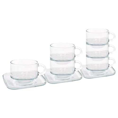 LAV 270ml Cozy Stacking Glass Coffee Cups & Saucer Set - Clear - Latte Tea Hot Chocolate Cappuccino Espresso Drinking Mugs Glasses Set