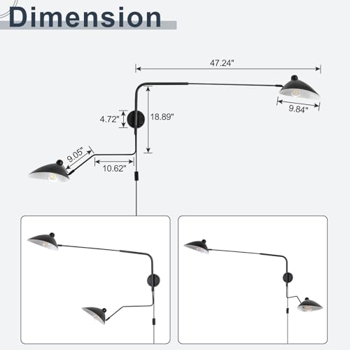 Image of Double Light Plug in Wall Sconces Long Swivel Arms Wall Light Big Wall Mount Light for Living Room Bedroom Modern Big Wall Lamp