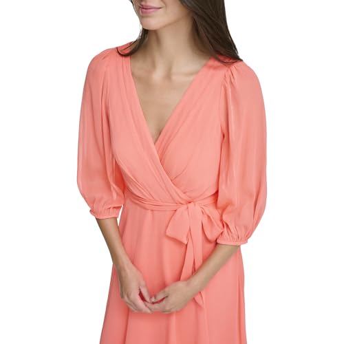 Image of DKNY Women's Chiffon Balloon Sleeve Faux Wrap Midi Dress with High-Low Hem
