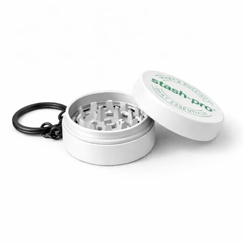 Image of Stash-Pro Mini Metal Grinder with Keychain (White) | Pocket Size Spice & Dry Herb Crusher | 2-Piece Twist Design | 3cm Dia, 1.4cm Height
