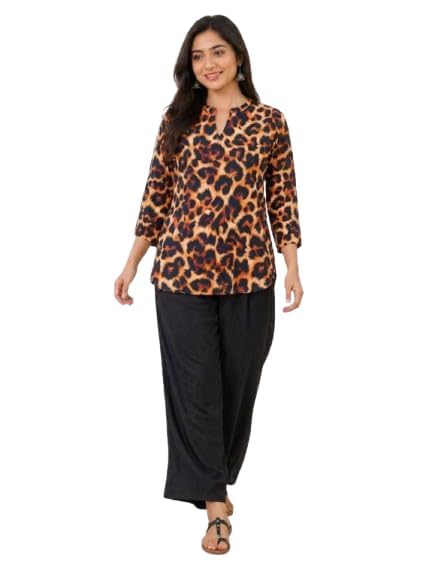 Women Floral Printed Rayon Top and Black Palazzo Set Casual Ethnic Co Ord Outfit Three Quarter Sleeve Comfortable Daily Wear Set-picture-40