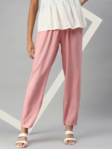 Image of Cadila Women's Cotton Drawstring Rayon Pants with Single Right Side Pocket, Liva Certified Pants M-L Dusty-Pink