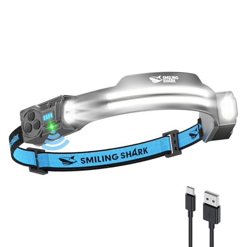 Smiling Shark ヘッドライト TS-2 【新登場・超高輝度COBライト*2・調節な集光ライト】高輝度ヘッドライト Type-C充電式 LEDヘッドランプ 強力 5つ照明モード 点滅 270°広角照明 人感センサー付き 300°角度調整 8時間連続使用可能 IPX4 防水防塵 多機能 釣り/登山/散歩/キャンプ/作業/災害/停電最適 一個入り 日本語取扱説明書