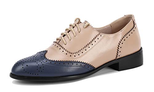 U-lite Women's Perforated Lace-up Wingtip Multicolor Leather Flat Oxfords Vintage Oxford Shoes Brown Blue-DQ22 8