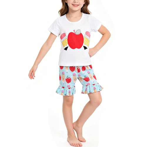 Toddler Girls Back to School Pencil Outfits Set Ruffle T-Shirt Dress and Pants Outfit Set 5-6Y