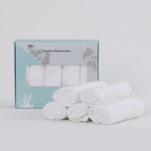 Baby Washcloths 100% Organic Bamboo Bath Washcloth Reusable Face Towels Anti-Bacterial Soft Towel Set Perfect for Newborn White(5 Pack)