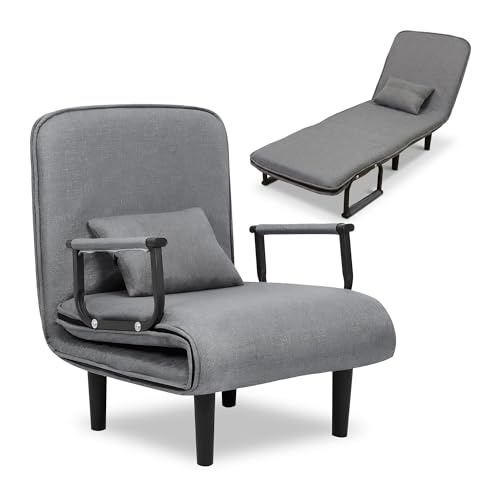 Unicview Sillón Sofá Cama Convertible 3 en 1, Sofá Reclinable, Sofá Individual Que se Convierte en Cama 190 cm Largo 65 cm Ancho, con Reposabrazos y Cojín, Ideal para Salón o Invitados, Gris
