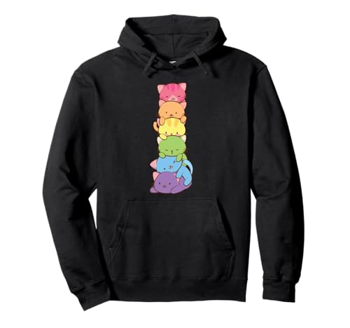 Cute LGBT Rainbow Gay Pride Flag Kawaii Cat Pile Anime Art Pullover Hoodie