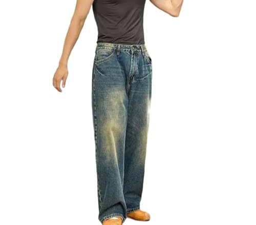 Men Wide Leg Straight Denim Pants Winter High Waisted Baggy Casual Korean Style Wash Jeans