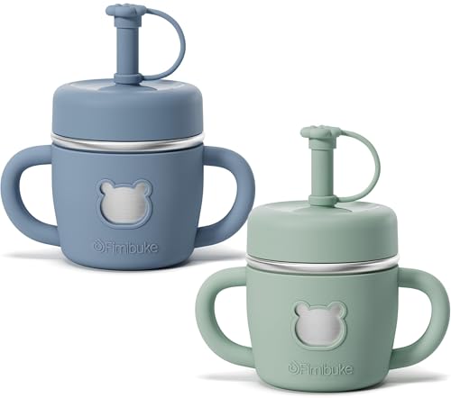 Fimibuke Sippy Cups for Toddlers 10 OZ Spill Proof Kids Cup Leak Proof Stainless Steel Tumbler with Handle Silicone Straw & Sleeve BPA Free Dishwasher Safe Girl Boy Kids Water Bottle 2 Packs