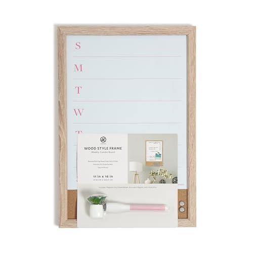 Image of U Brands Framed Magnetic Weekly Dry Erase Calendar Combo Board, 16 inchx11 inch, Wood Style Frame, Includes Magnetic Dry Erase Marker with Eraser Top, Succulent Magnet, and 2 Push Pins